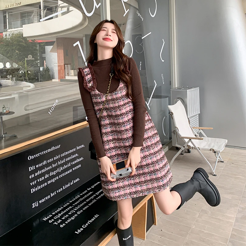 粉色格子小香风套装裙春秋新款时尚洋气名媛气质长袖连衣裙两件套