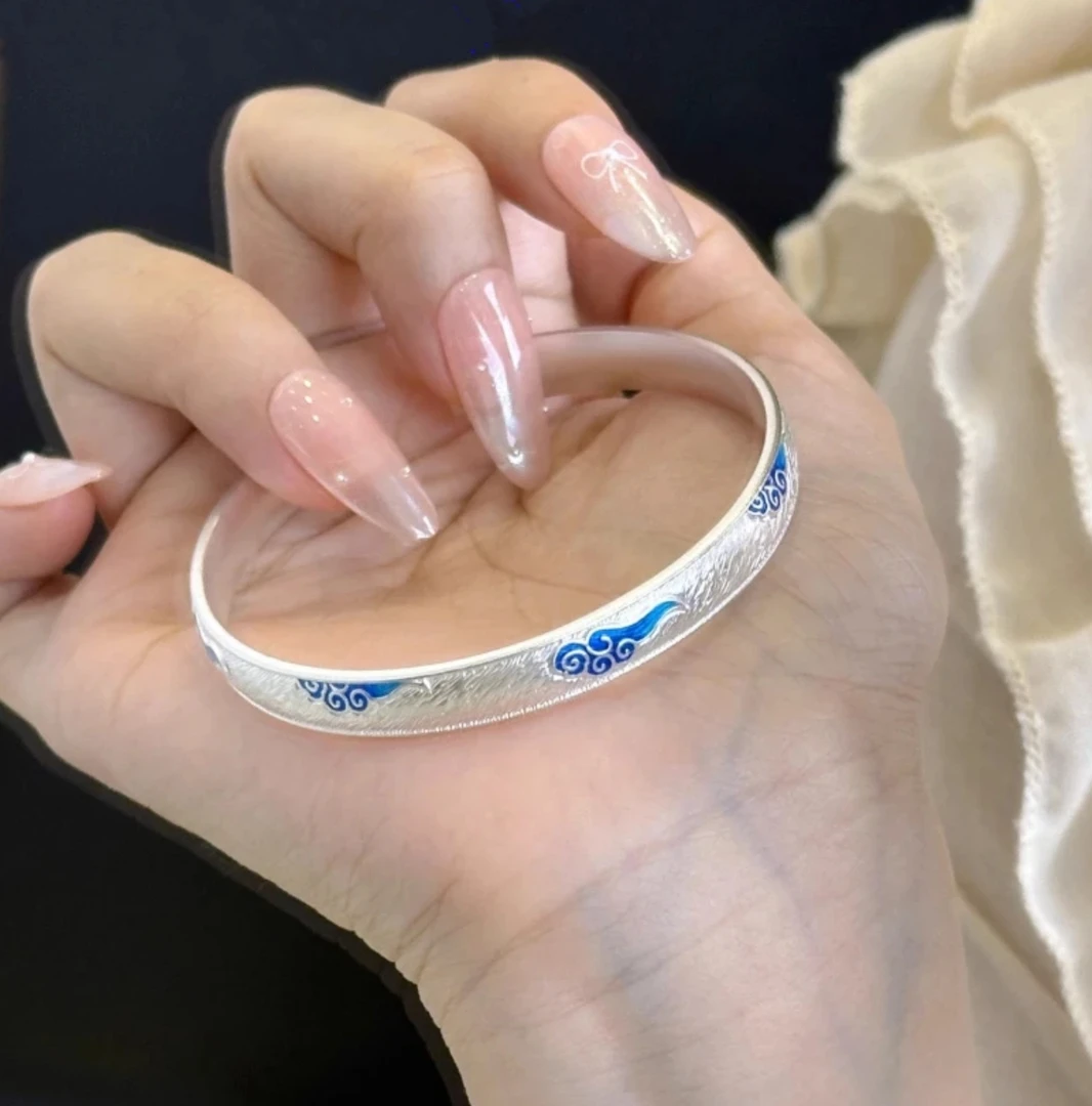 足银手镯 足银9999烧蓝景泰蓝青云祥云珐琅彩复古风轻奢足银手镯
