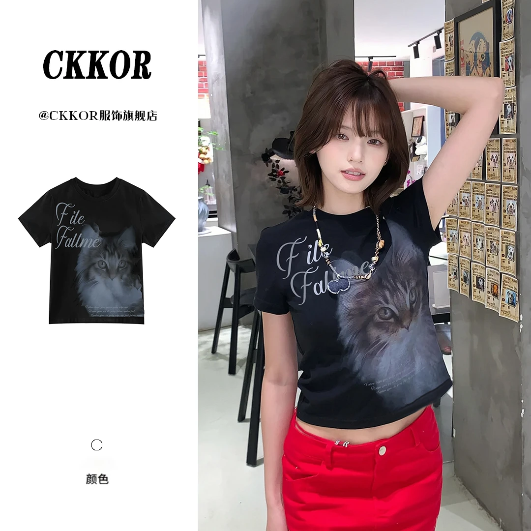 CKKOR夏季新款正肩显瘦短袖女款t恤收腰短款百搭设计感ins风上衣