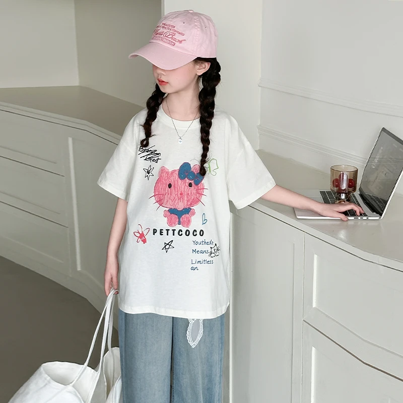 女孩短袖t恤夏季2025新款纯棉初中生女大童韩版宽松休闲两件套潮