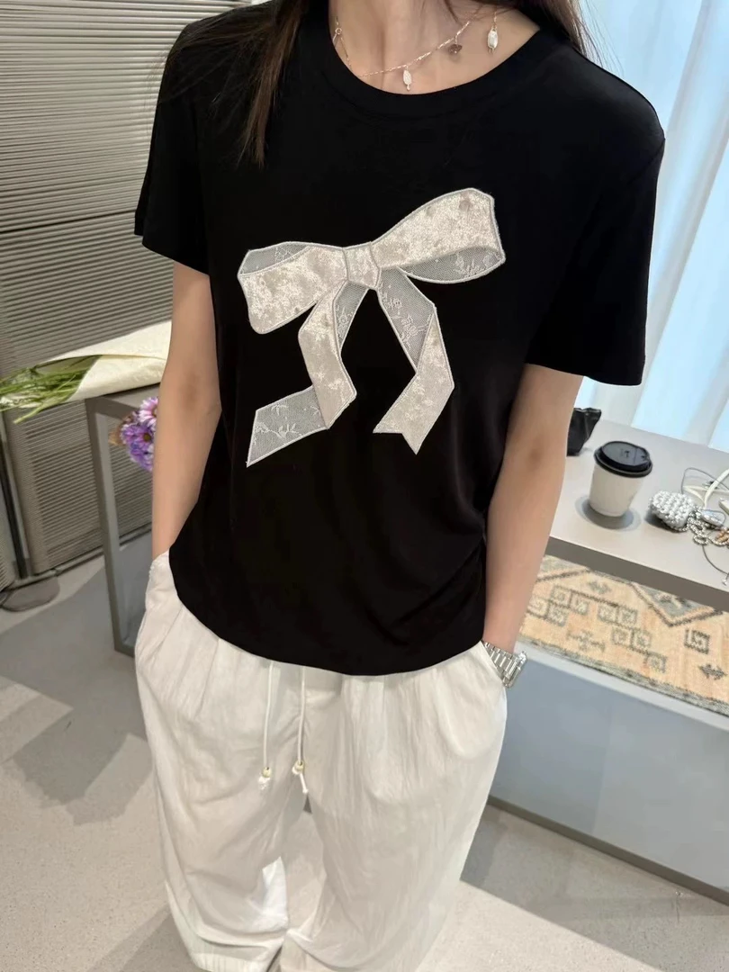 设计感植绒百搭直筒型蝴蝶结短袖显瘦T恤设计师