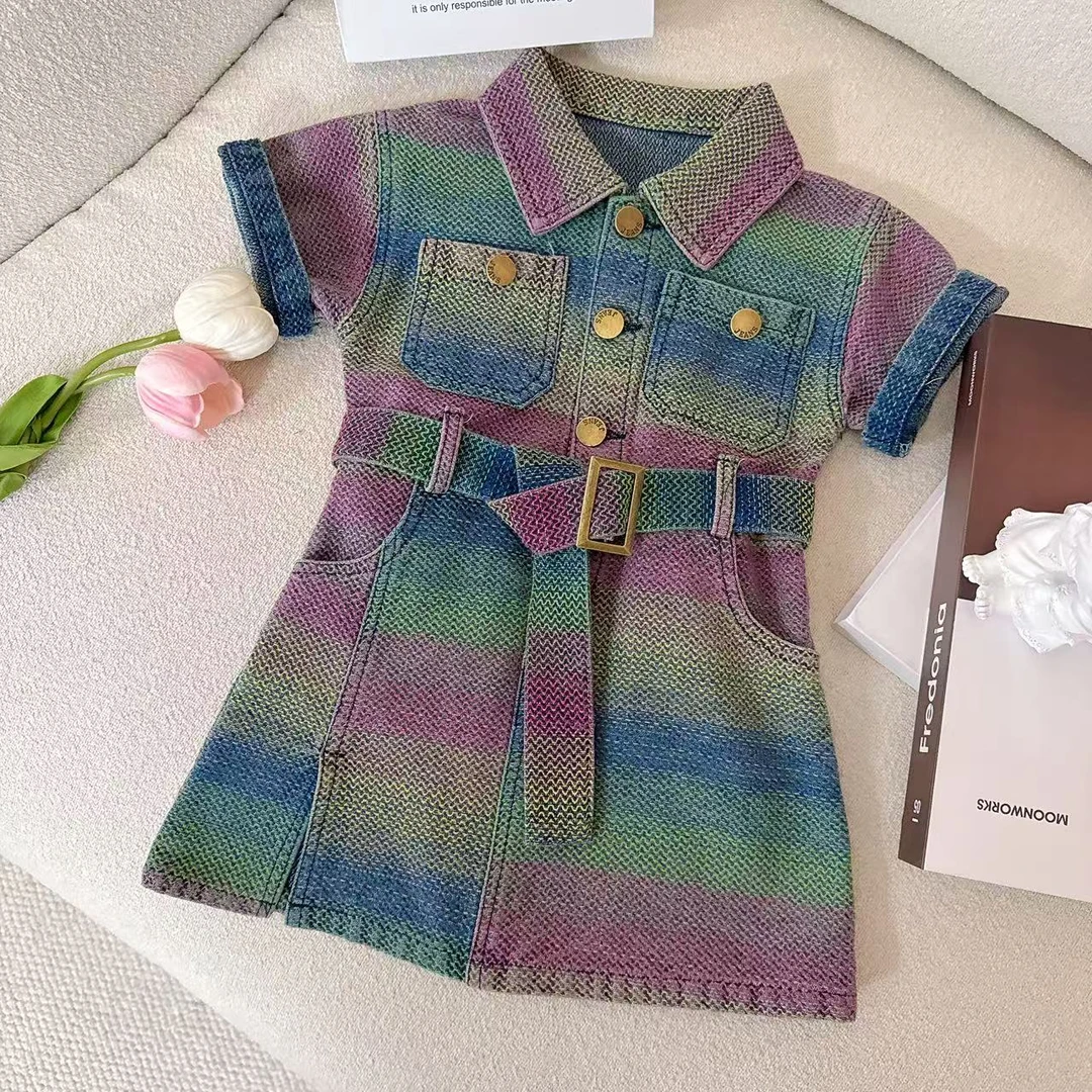 女童时髦短袖牛仔裙2025夏季新款韩版儿童翻领收腰背心连衣裙宝宝