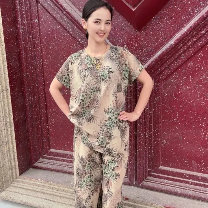 女士夏季棉绸宽松短袖洋气家居服套装