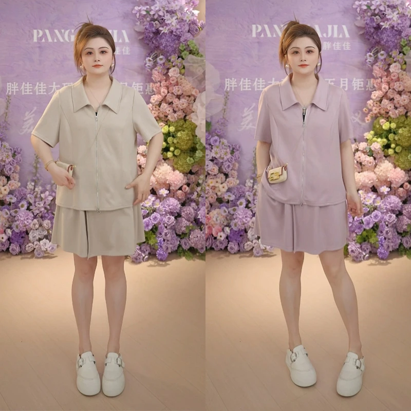 【胖佳佳】夏夜未眠 短袖翻领上衣短裤时尚两件套H625Z07121