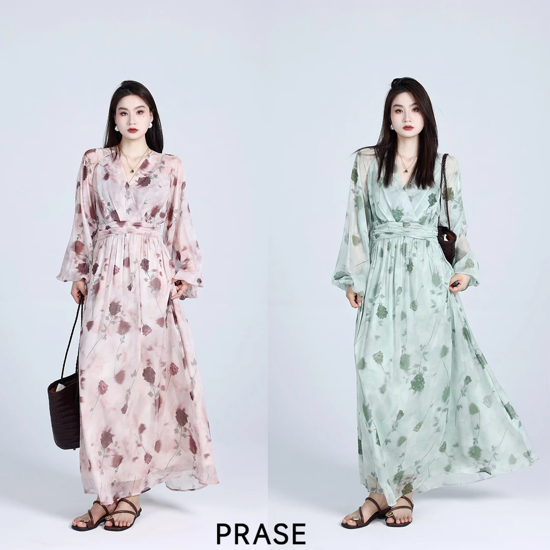 PRASE【红玫瑰】微胖轻奢设计款夏女气质时尚印花连衣裙PR503C88
