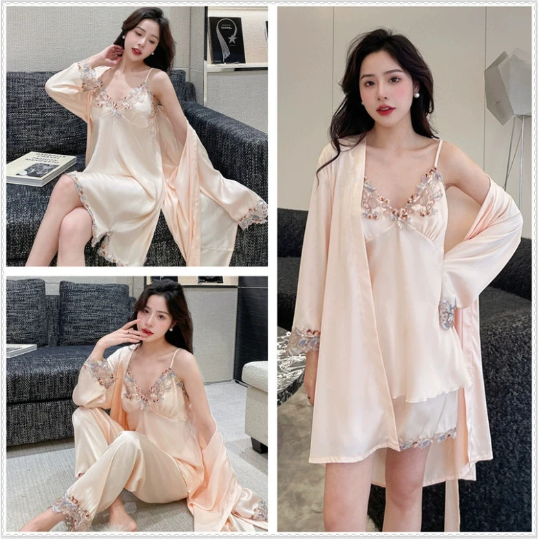 【专柜品质】女性感冰丝薄款吊带胸垫睡裙女士睡袍五件套装家居服