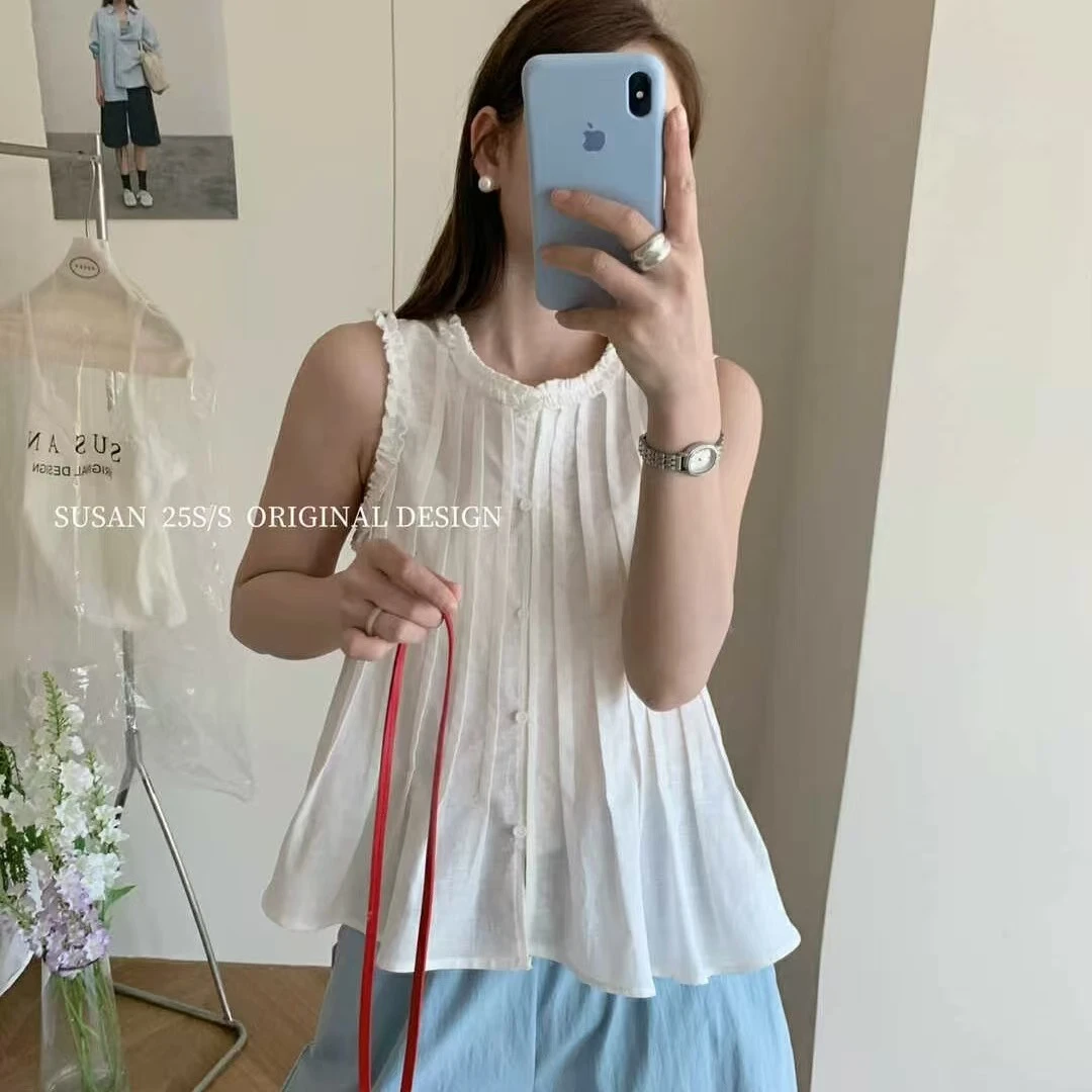 木耳边压褶无袖衬衫女装夏季2025新款休闲宽松显瘦单排扣韩系上衣