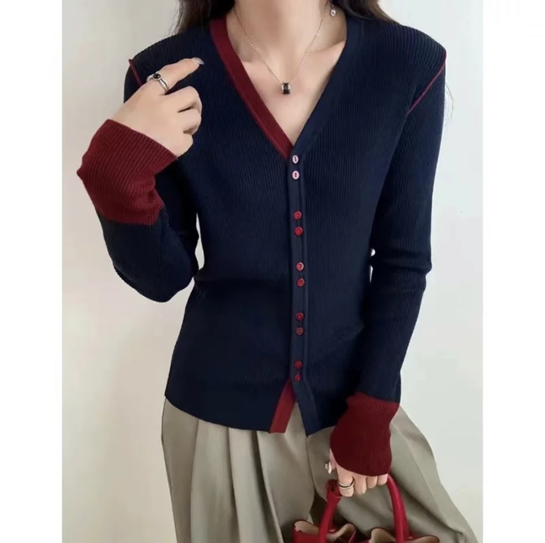 （小猪） 欧货2025春新款减龄拼色羊毛V领百搭长袖针织开衫外套外搭