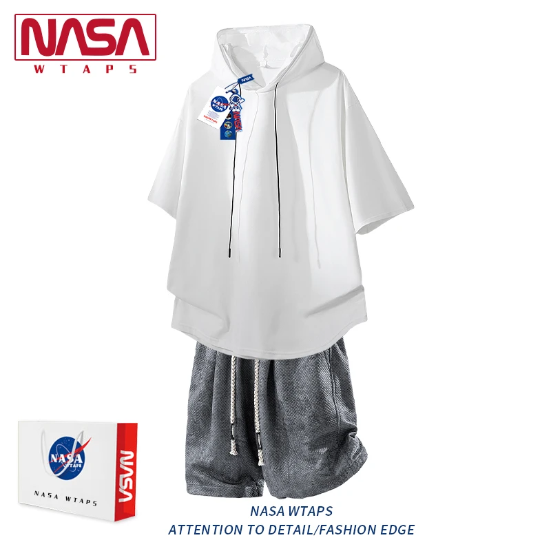 NASA WTAPS潮连帽短袖套装男夏季冰丝速干宽松两件套慵懒风两件套