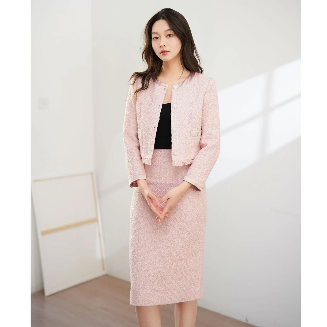 蔷薇粉编织小香风西装外套气质显瘦包臀裙两件套秋冬