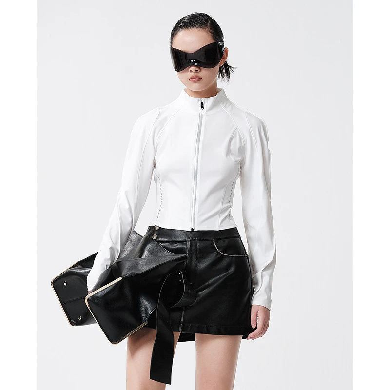 D63女装25春季时尚白色立领上衣休闲印花长袖短款外套5F1W51104