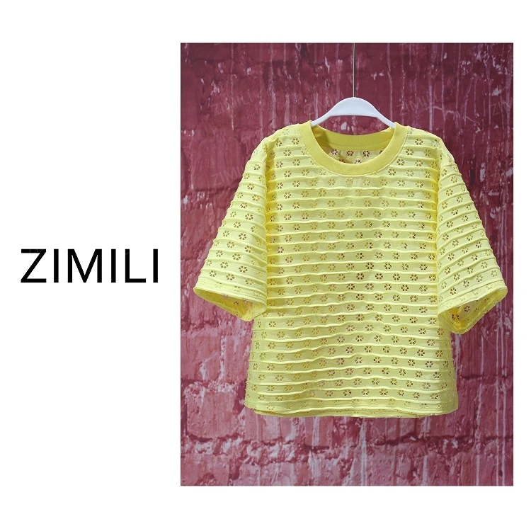 【亮哥女装】2025欧版鹅黄色切割碎花高克重气质休闲短袖9702-C2