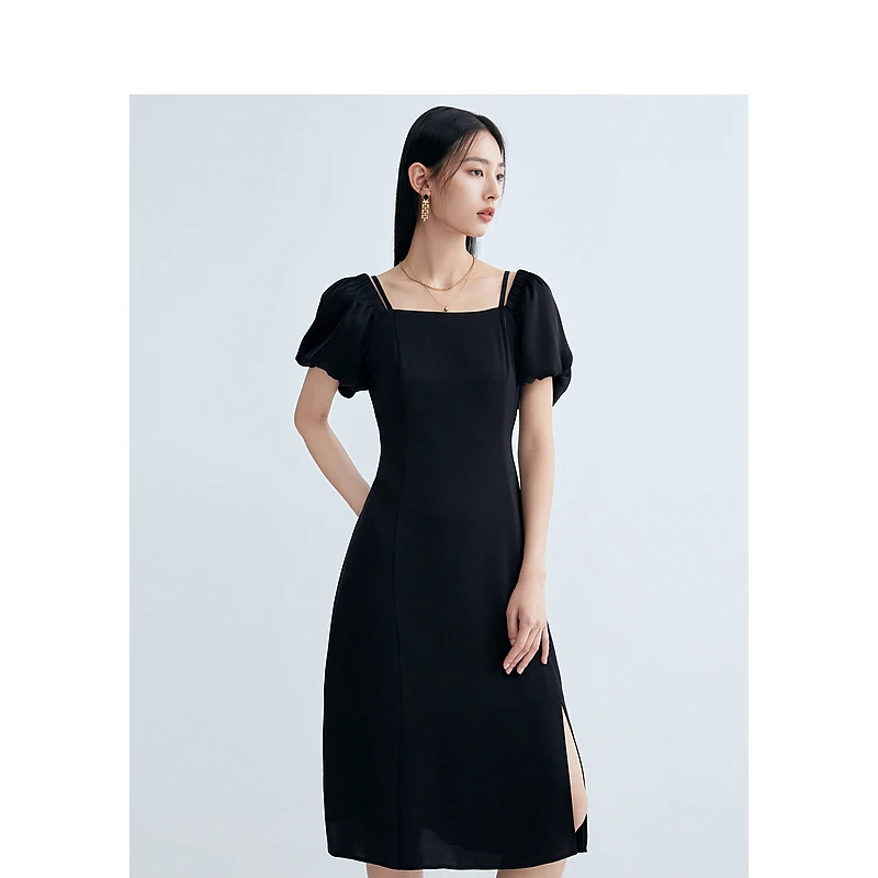 迪赛尼斯夏季高级感通勤风黑色气质长裙高腰连衣裙