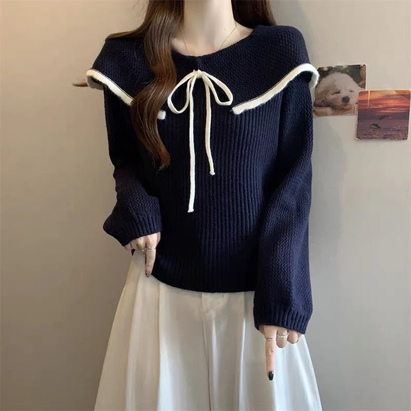 大码遮肚子娃娃领系带软糯毛衣女春秋胖MM宽松显瘦洋气长袖针织衫