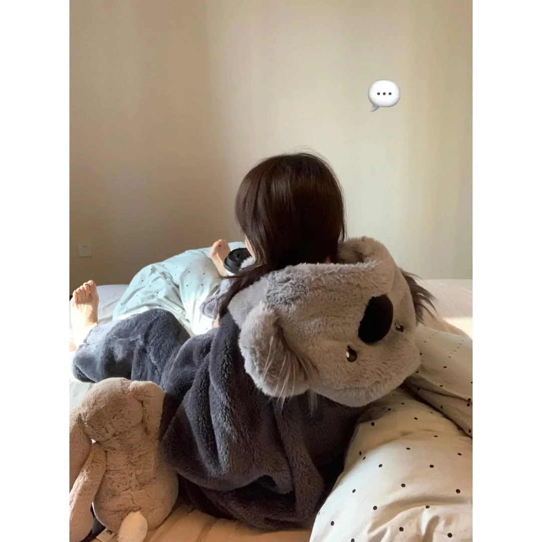 【连帽考拉】可爱毛绒珊瑚绒睡衣女秋冬套装加绒网红保暖家居服