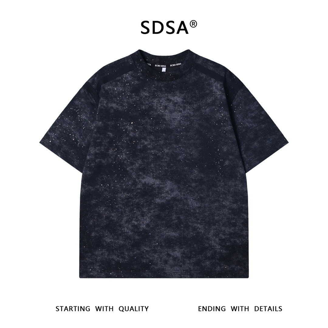 夏季高级感新款美式扎染刺绣满天星圆领短袖T恤压线百搭潮流上衣