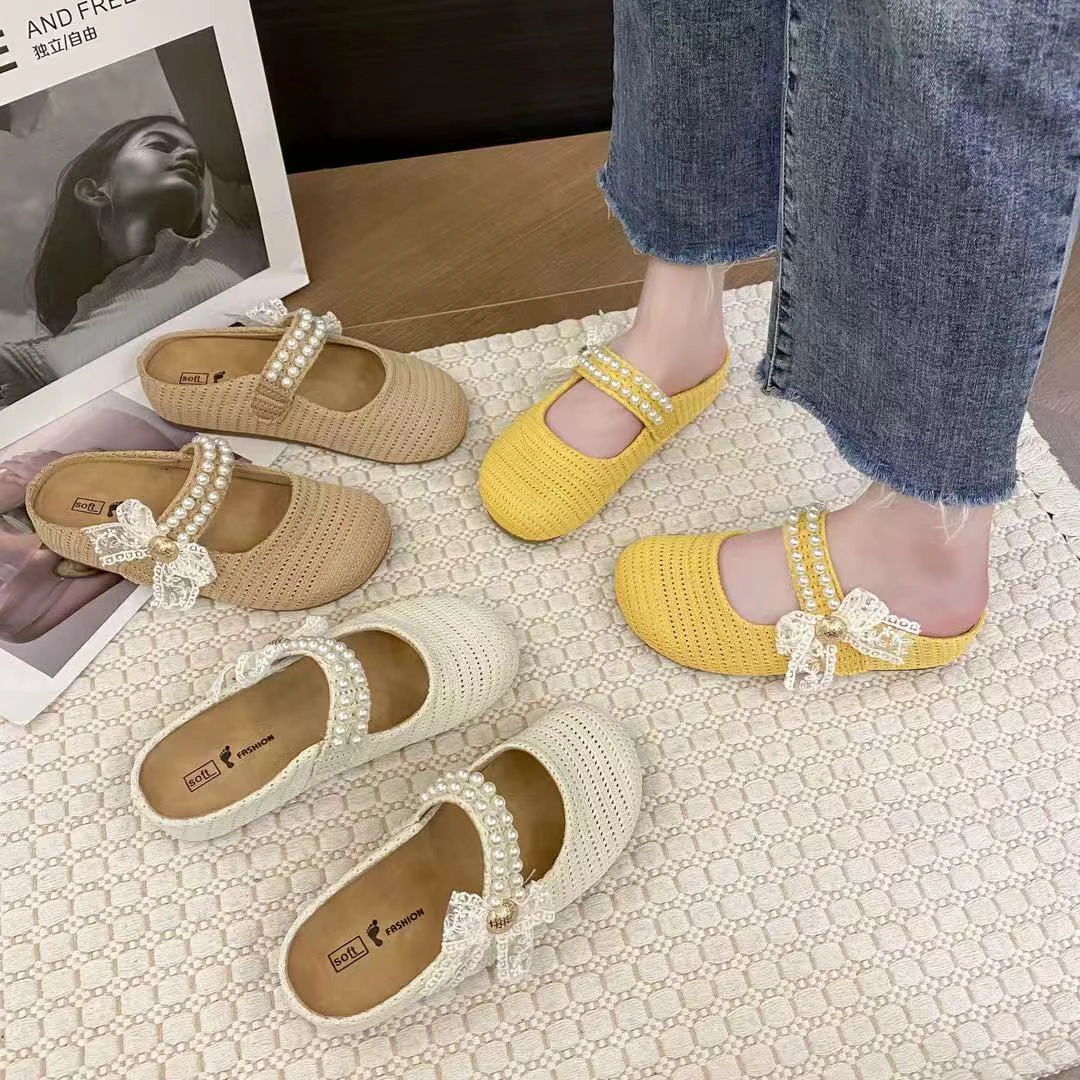 夏季勃肯包头镂空女拖温柔珍珠编织玛丽珍一脚蹬内增高平跟百搭女