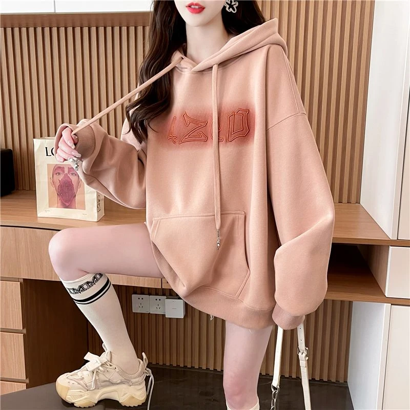 中长款设计感渐变连帽卫衣女早秋新款韩版宽松大码胖mm女装薄款潮