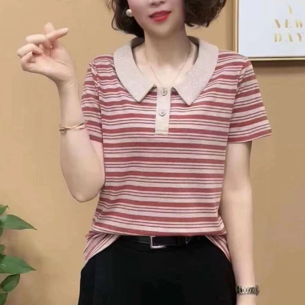 2025百搭女士t恤短袖夏季薄款polo领条纹显瘦大码妈妈上衣