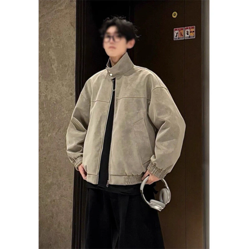 HN潮牌-春季新款复古扎染PU皮立领皮衣夹克痞帅宽松百搭情侣外套