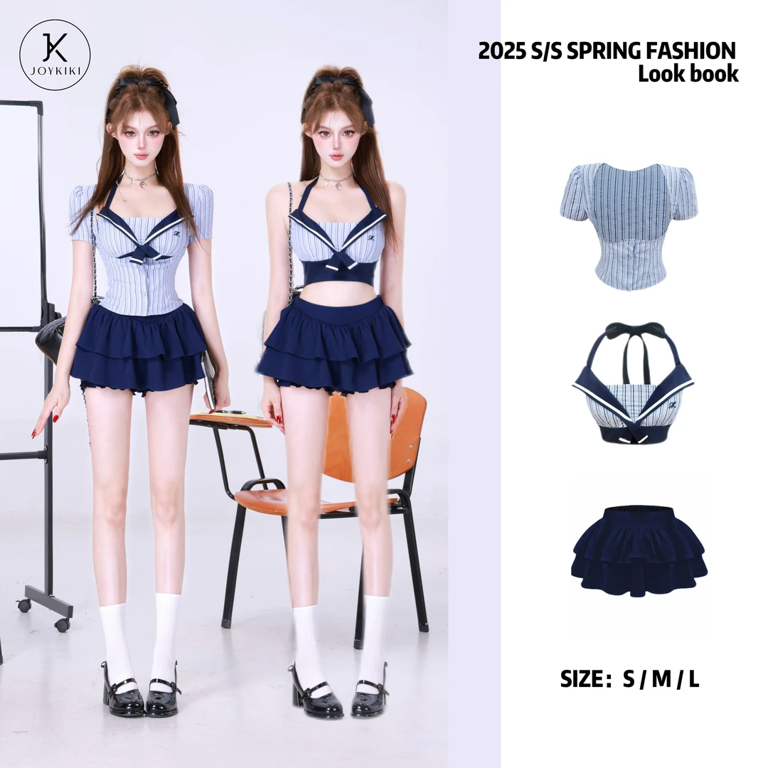 JOY KIKI鹅了么【首尔高校生】学院风修身拼接撞色衬衫套装J25B368