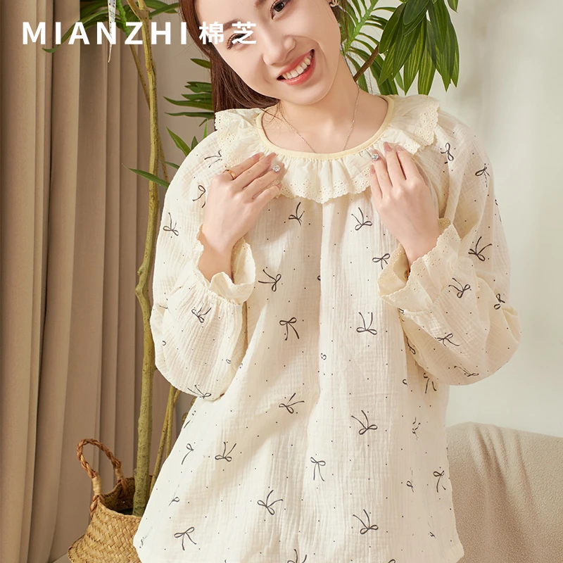 夏季薄款睡衣女春秋新款蕾丝花边蝴蝶结甜美风女生长袖大码家居服