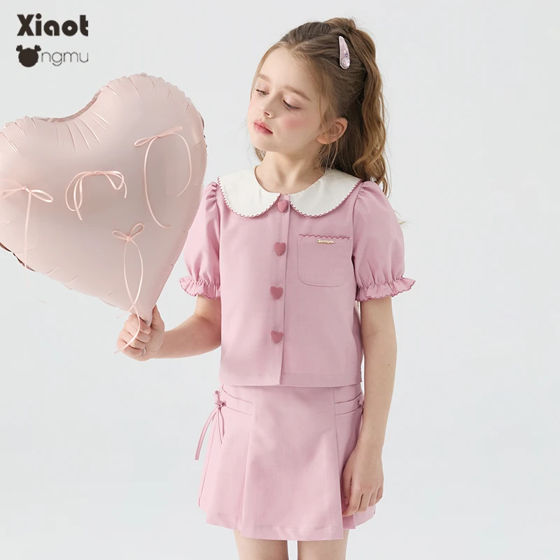 小童木 甜美小香风女童套装夏季新款女大童短袖上衣百褶裙两件套