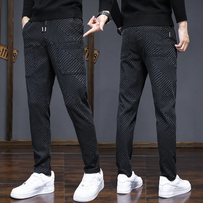 高弹力男士休闲裤2024爆款秋冬男裤加绒宽松直筒潮流百搭条纹长裤