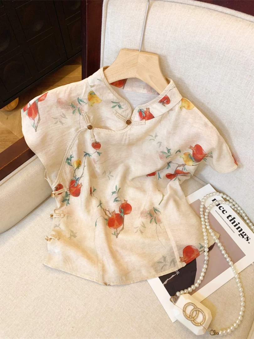 2025夏季新中式亚麻碎花衬衫国风盘扣坎肩小衫改良旗袍领小上衣女