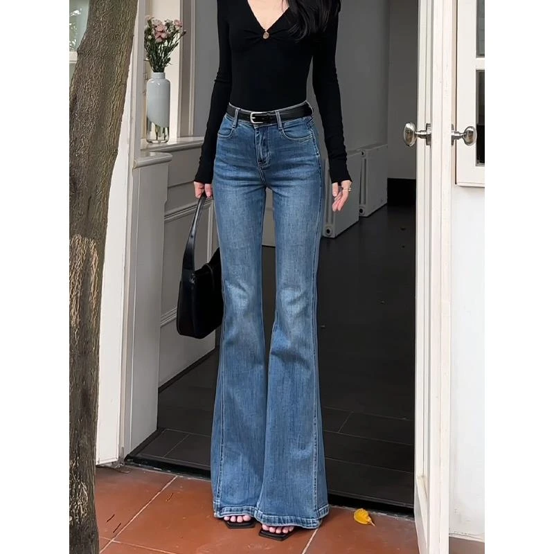 覆古蓝弹力高腰微喇牛仔裤女2025夏季新款高腰显瘦修身喇叭马蹄裤