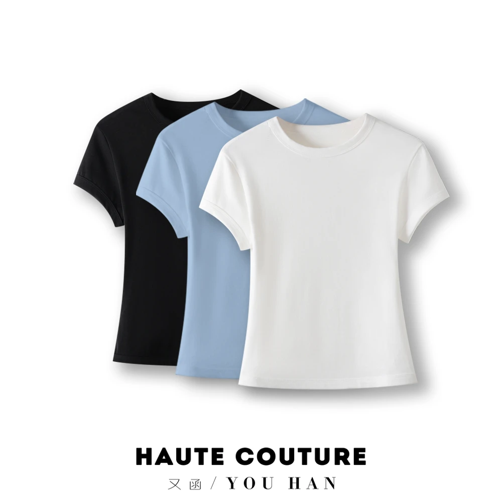 夏款莱赛尔修身百搭短袖T恤舒爽透气弧形棉上衣美式圆领