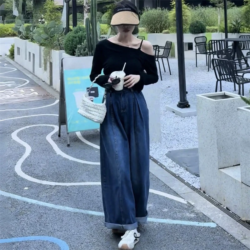 港风复古洋气百搭松紧腰阔腿牛仔裤2025早秋时尚休闲宽松直筒长裤