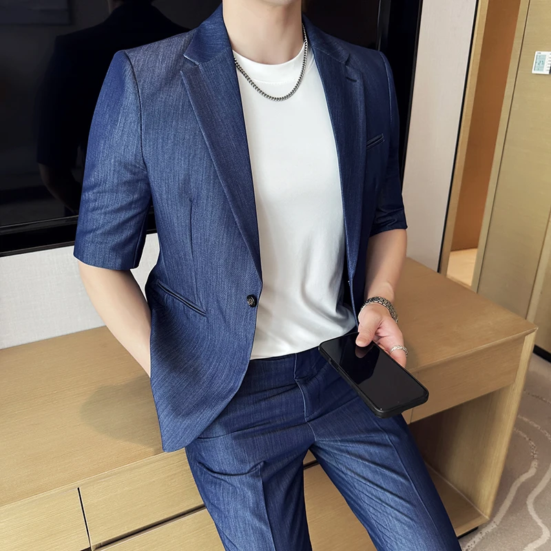 NDSL轻奢七分袖西服套装男士夏季薄款新款潮牌男装高级感休闲西装