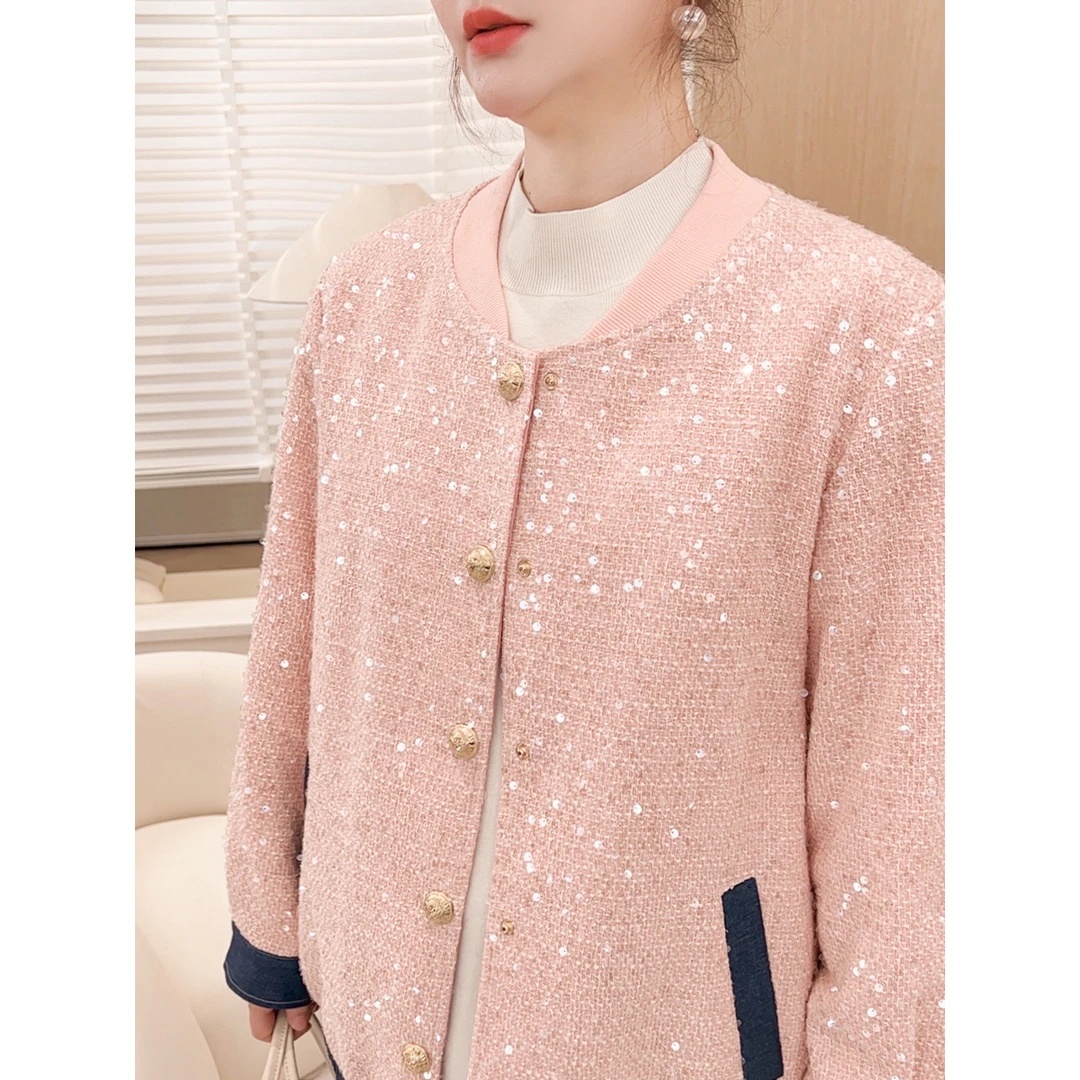 【轻奢亮片粗花呢棉服】MsShe大码女加厚夹棉棒球服外套J~E2410034