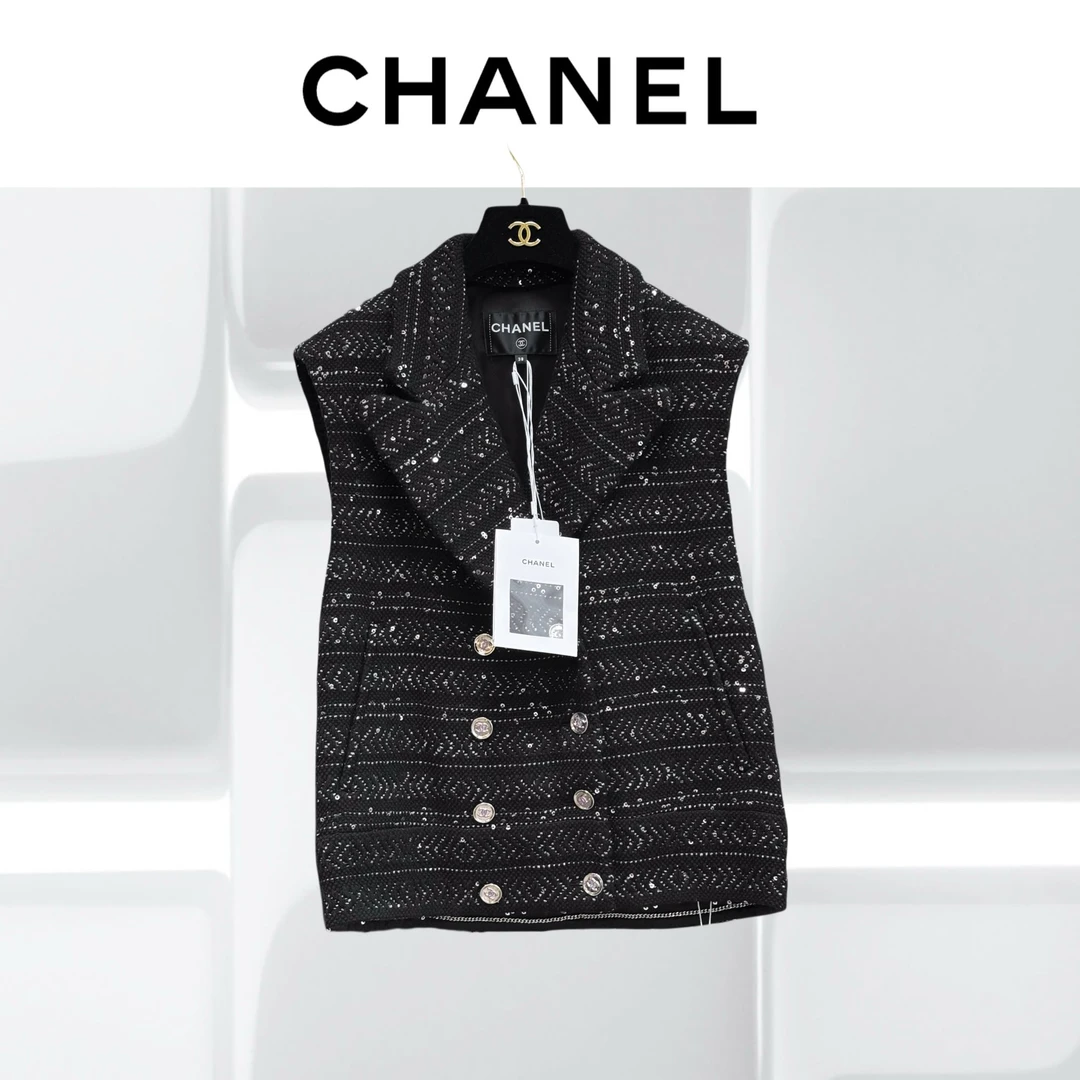 99新 Chanel/香奈儿 38码23A黑色亮片马甲，外套