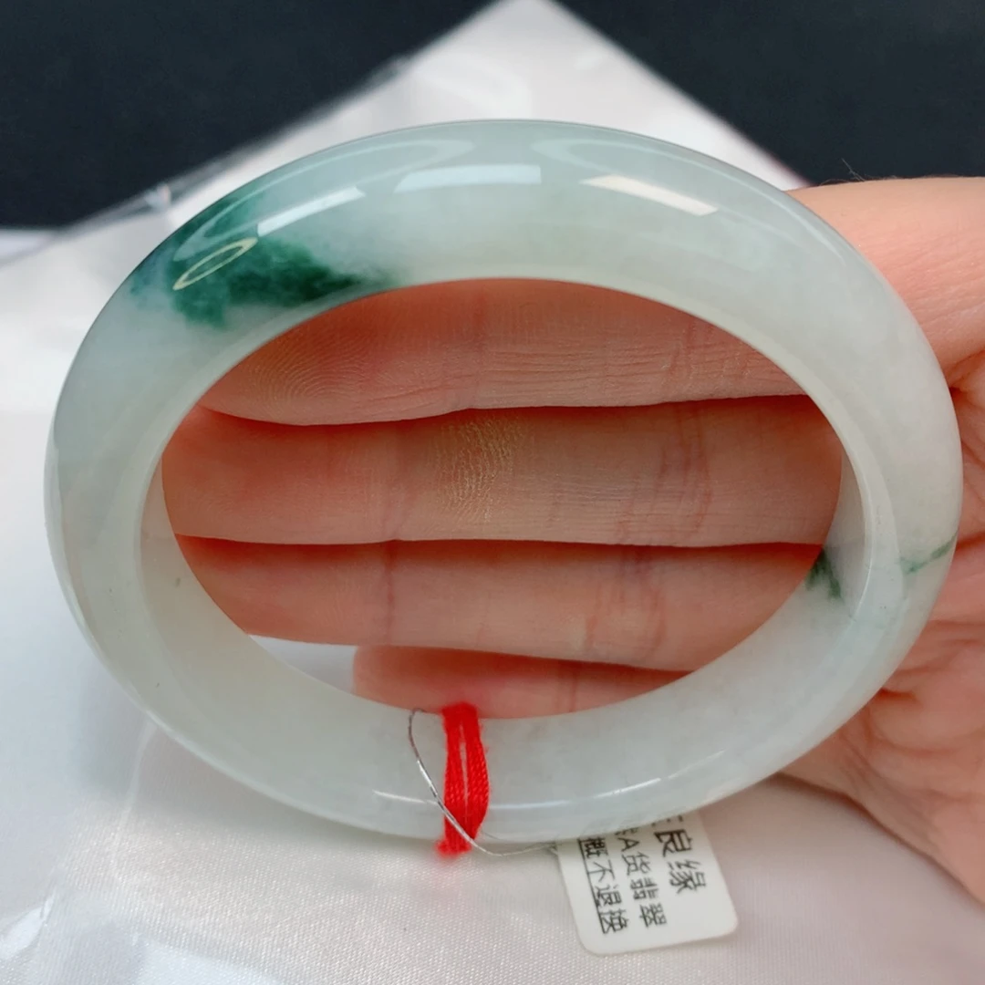 未镶嵌手镯翡翠57.4正圈，细糯墨色花，有纹，038