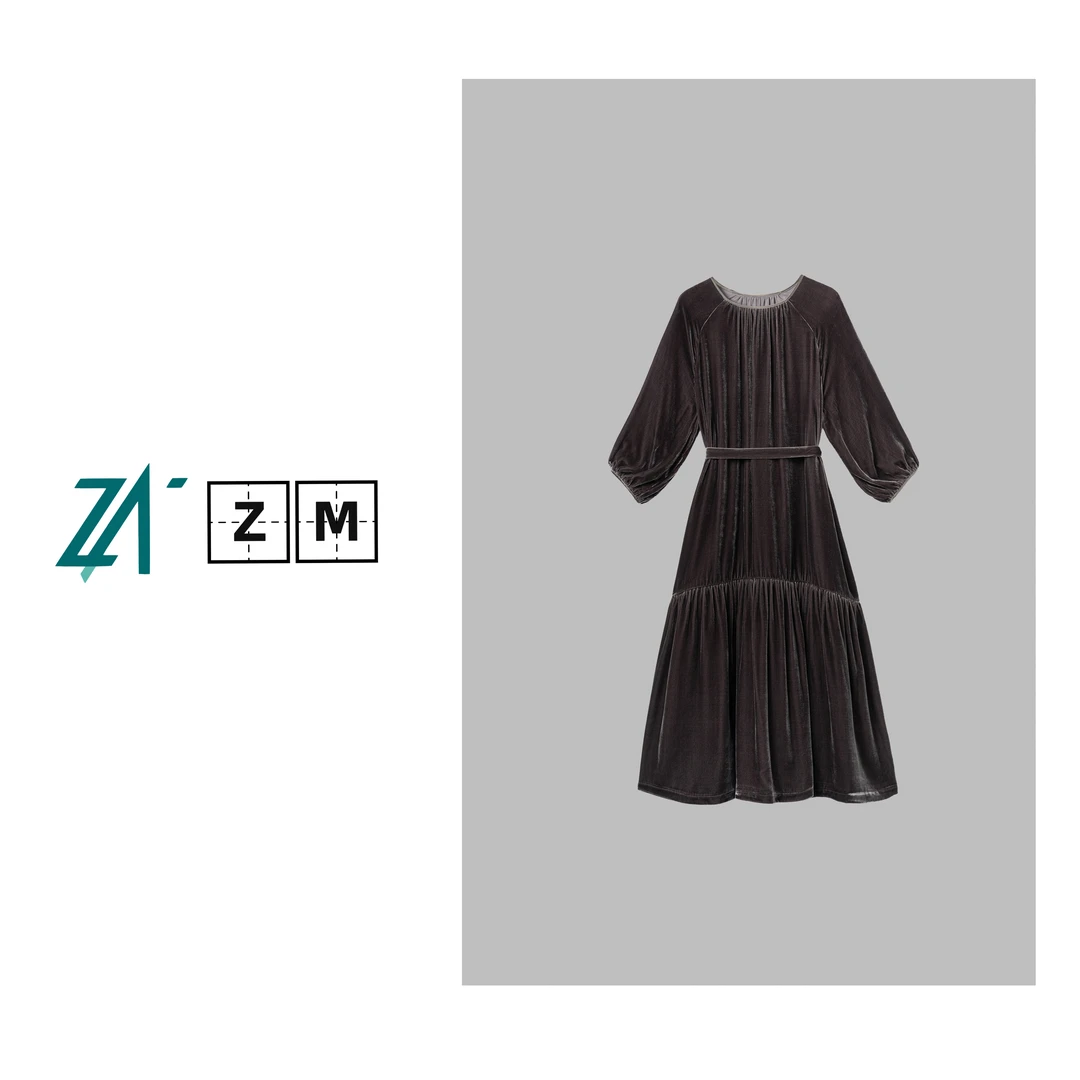 100%桑蚕丝气质灰色年轻款真丝丝绒连衣裙女  4744