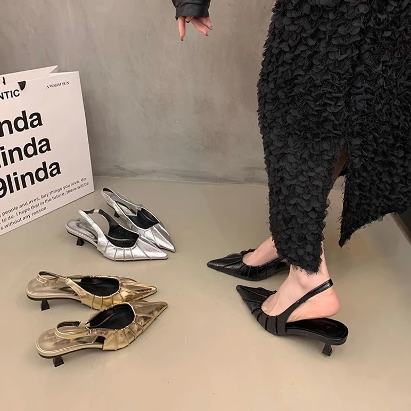 尖头高跟鞋女款法式包头凉鞋早春新款银色高跟凉拖鞋女鞋黑色鞋