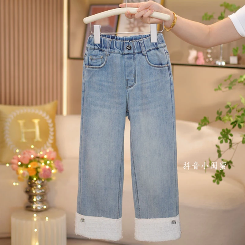 【闺蜜家】女童秋冬2025新款韩系复古松紧腰直筒加绒牛仔裤潮-8881