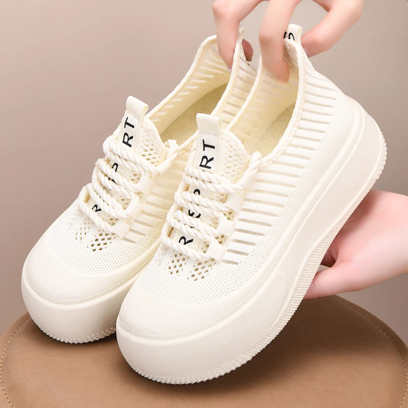 夏季透气鱼丝镂空网鞋女新款飞织厚底网面运动鞋女一脚蹬懒人板鞋