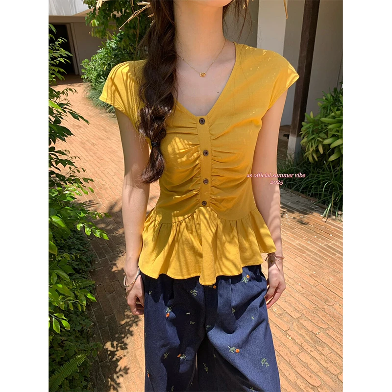 度月棠法式复古风时尚压褶v领短袖衬衫女夏季新款修身显瘦小衫潮