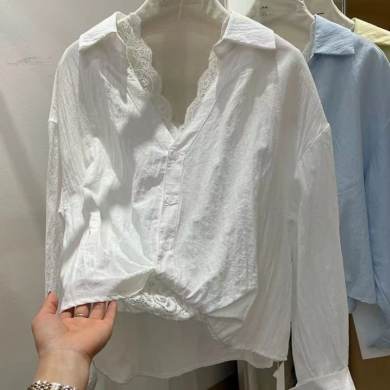 2507 ZRF蕾丝v领宽松超好看独特漂亮蓝色衬衫中长款上衣女XH