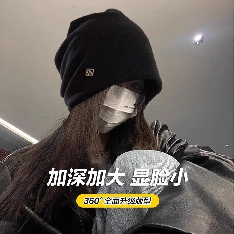 大头围冷帽高级感堆堆帽金属小标秋冬针织小众包头帽宽松大码大号