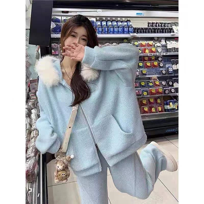 冬季新款设计运动休闲韩系毛领拉链时尚百搭外套阔腿裤套装0602