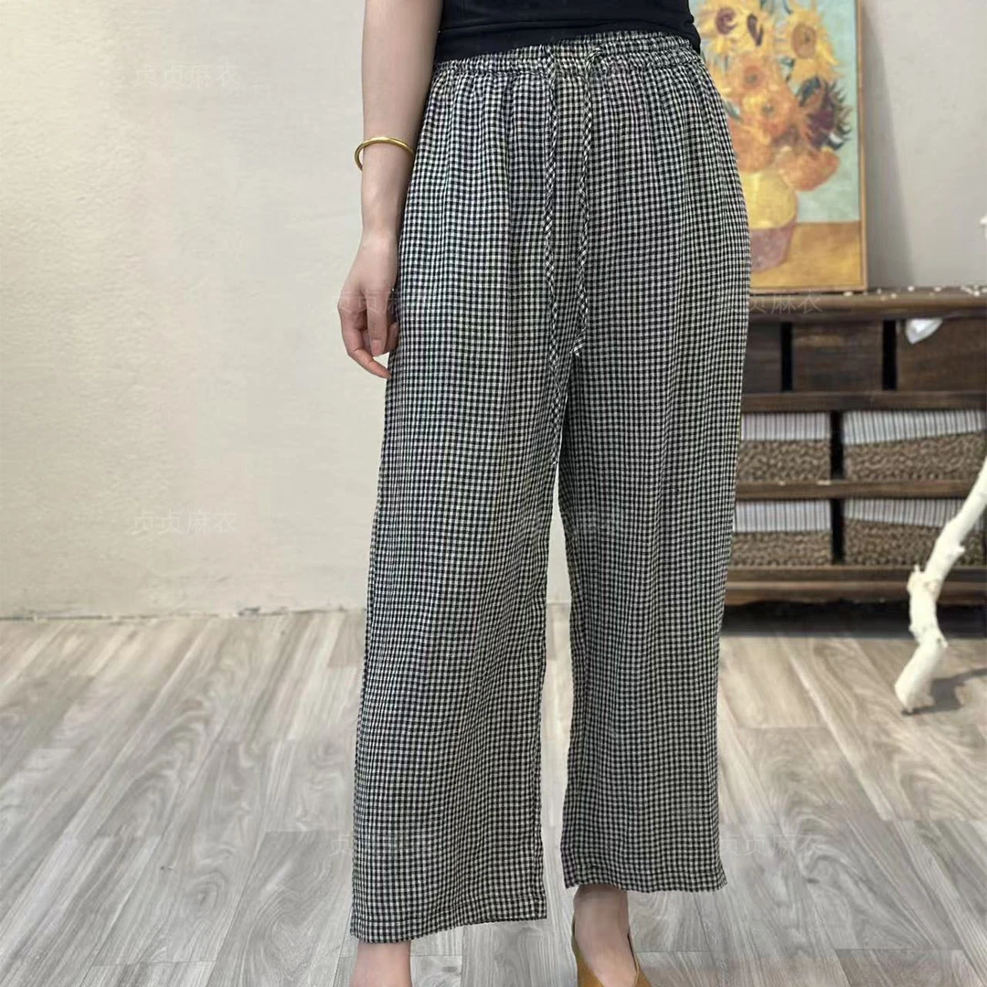 5029亚麻阔腿裤女2025夏季新款黑白格纹高腰宽松垂感休闲裤