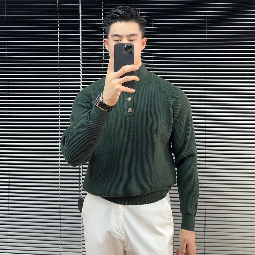 纽扣领高领针织衫冬季立领保暖针织衫毛衣秋冬男士高领外穿毛线衣