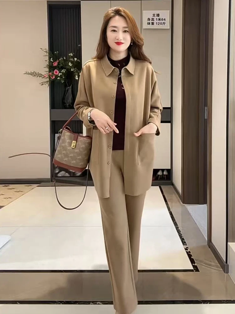 1946翻领纽扣中长款开衫外套休闲洋气中老年宽松女装早秋外穿套装