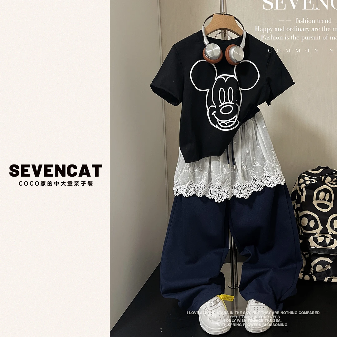 在仓【可妈定制25春夏】蕾丝拼接藏青色两穿裤脚休闲裤中大童亲子装