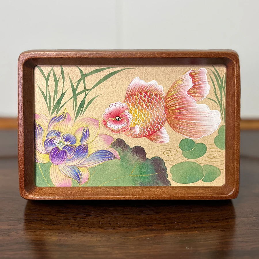 【紫荷小金鱼】6纯手绘国风摆件新中式客厅家居装饰画手绘艺术摆台