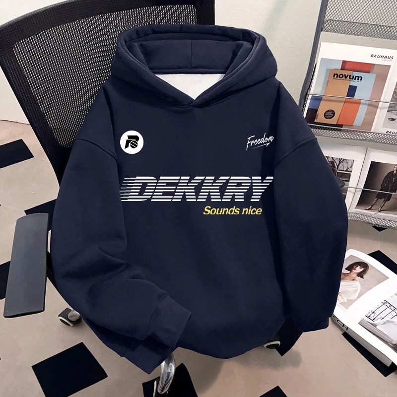 Dekkry潮流个性字母印花秋冬加绒无口袋连帽卫衣男女百搭套头上衣